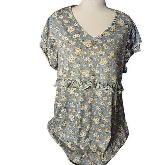 Floral Blue V-Neck Top W/Ruffle Waist Detail Short Sleeves -SZE: XL - Picture 1 of 3